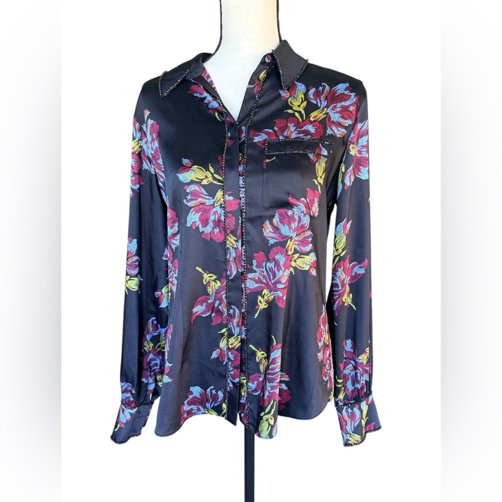 CINQ À SEPT Blanche Rhinestone Embellished Floral Print Blouse size M - Picture 3 of 9